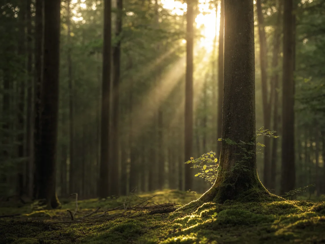 Ruhige Waldlichtung mit Lichtstrahlen zwischen den Bäumen